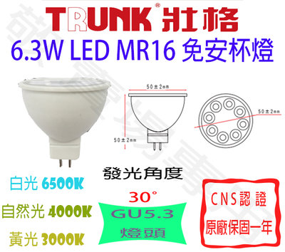 【敬】買20送禮卷 壯格 6.3W GU5.3 免安 杯燈 MR16 LED 燈泡 全電壓 免變壓器 投射 投光 崁燈