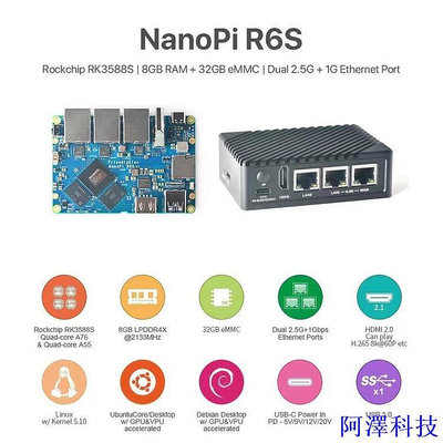 阿澤科技【新店下殺】 [NanoPi R6S]雙2.5G+千兆迷你開發板,,RK3588,8+32GB,支持8K60P