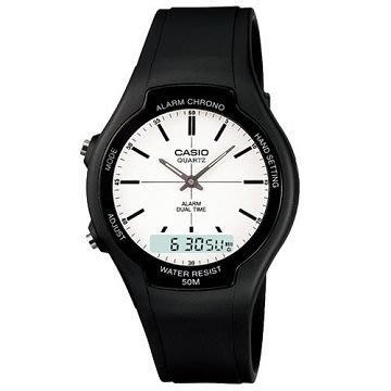 CASIO watch 酷炫經典指針雙顯錶-丁字白面料號:AW-90H-7E