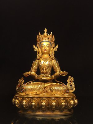 尼泊爾工藝銅鎏金畫臉長壽佛佛像，寬21cm高32cm厚13cm，重2.7公斤，90080R