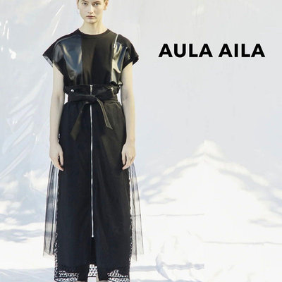 SHINY SPO 獨家代理日本設計師品牌AULA AILA 異材質拼接網格造型立體蕾絲前拉鍊2way扣環式連身吊帶洋裝