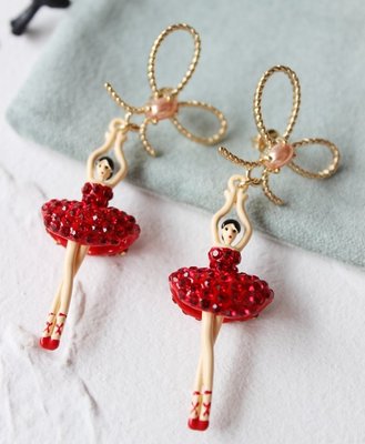 現貨熱銷-大牌潮款法國Les Nereides 芭蕾舞女孩 鑲紅鉆蝴蝶結 耳環耳釘夾式 優雅