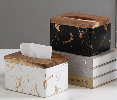 4157A 歐式大理石紋面紙盒 抽紙盒 陶瓷歐風紙巾盒桌面衛生紙盒 木蓋造型面紙盒擺飾