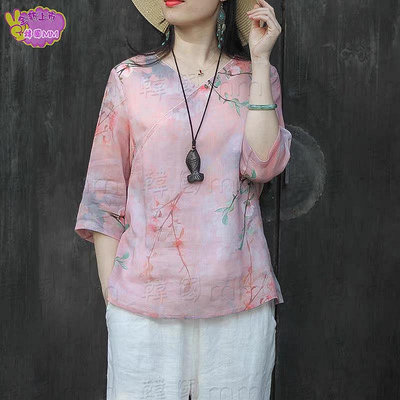 韓國MM =中式苧麻v領七分袖復古寬松高端小衫文藝設計感棉麻女裝襯衫上衣