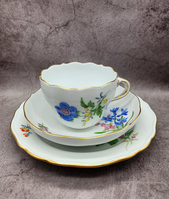 德國Meissen梅森花卉咖啡杯碟盤3件套1848