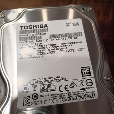 特價 TOSHIBA東芝 1TB HDD 3.5吋 SATAIII 7200轉 桌上型硬碟 DT01ACA100 過保良品 檢測無警告無異常 限時特價出清