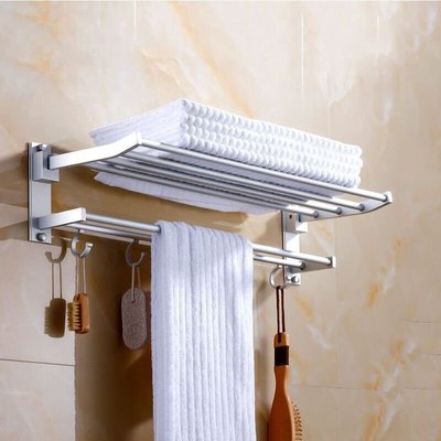促銷 衛生間毛巾架可折疊免打孔太空鋁浴室置物架折疊浴巾架置物架高檔可開發票