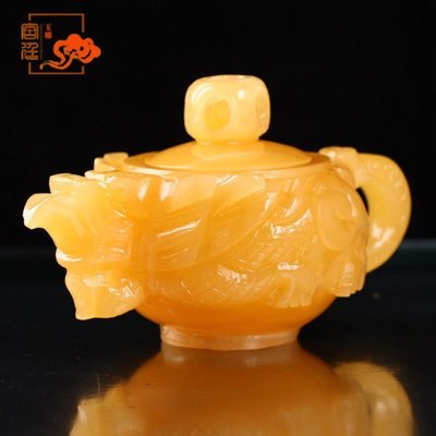 源頭廠家專業加工訂製玉雕工藝品天然米黃玉龍茶壺桌面擺件玉擺件