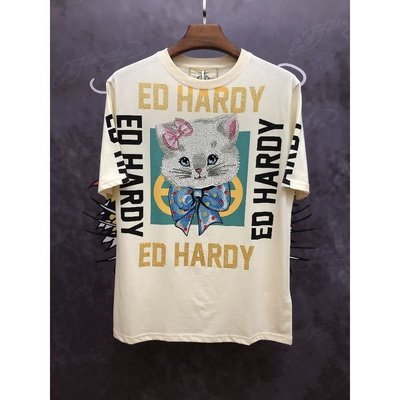 亞軒潮店 潮款現出Ed Hardy 2021新款印花燙鉆小貓夏季休閑短袖女士中長款T恤