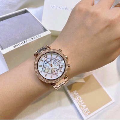 MICHAEL KORS Parker 珍珠貝母錶盤 玫瑰金色不鏽鋼錶帶 石英 三眼計時 女士手錶 MK5491