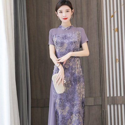 快速到貨 夏季新款中國風女裝中式復古氣質優雅立領香云紗旗袍洋裝
