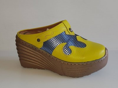 零碼 8號 Zobr路豹牛皮厚底氣墊懶人鞋(張菲鞋) 超高底台 55727 黃+金藍色 (鞋跟高 9公分) 5系列