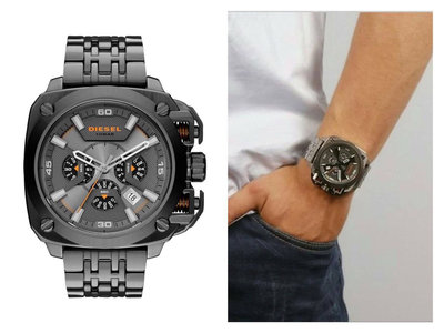 DIESEL 方型鐵灰色錶盤 不鏽鋼錶帶 石英 三眼計時 男士手錶 DZ7344