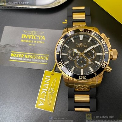 INVICTA英威塔手錶,編號AB00007,52mm金色圓形精鋼錶殼,黑色三眼, 運動錶面,金黑相間精鋼錶帶款