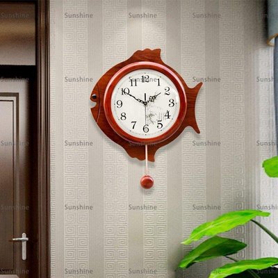 [sunlingt]爆款#新中式實木掛鐘客廳中國風大氣時鐘創意簡約魚形裝飾靜音壁掛鐘表#時鐘#掛鐘#鐘錶