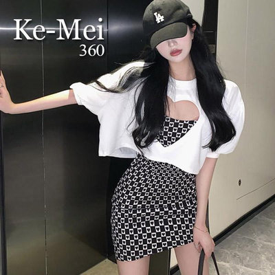 克妹Ke-Mei【AT84477】SPICY愛心摟空T恤+愛心印花吊帶二件式洋裝