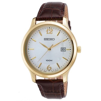 SEIKO WATCH 精工簡約復古金框白面日期皮帶紳士腕錶 型號：SUR150P1【神梭鐘錶】