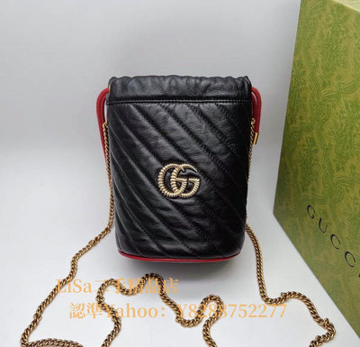二手精品 Gucci 古馳   金GG   水桶包 黑色  斜背包 單肩包  573817
