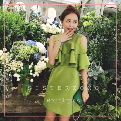 Sis KOREA style 名媛風精品 高雅法式 氣質甜美連身裙 芥末綠無袖荷葉邊小洋裝 奢華小禮服