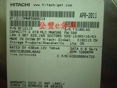 【登豐e倉庫】 YF294 HGST Hitachi HDS723020BLA642 2TB SATA3 硬碟