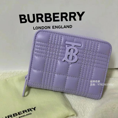 二手正品 BURBERRY 全皮紫色 TB扣ㄇ字 拉鍊卡片夾 零錢包