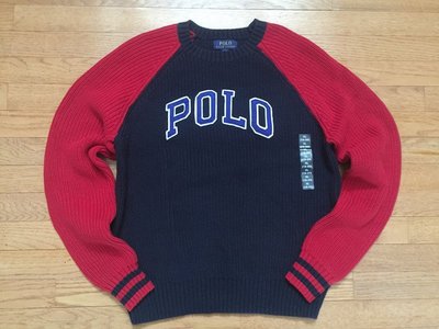 【Polo Ralph Lauren】RL 大男童 針織毛衣 線衫 圓領針織毛衣 POLO貼布 深藍/紅色拼接