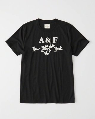 Maple麋鹿小舖 Abercrombie&Fitch ＊ AF  黑色電繡麋鹿字母短T  ＊ ( 現貨L號 )