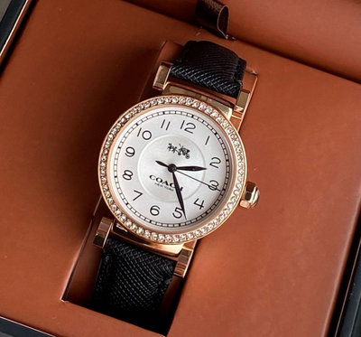 COACH Madison 玫瑰金色水鑽圈 白色錶盤 黑色皮革錶帶 石英 女士手錶 14503396