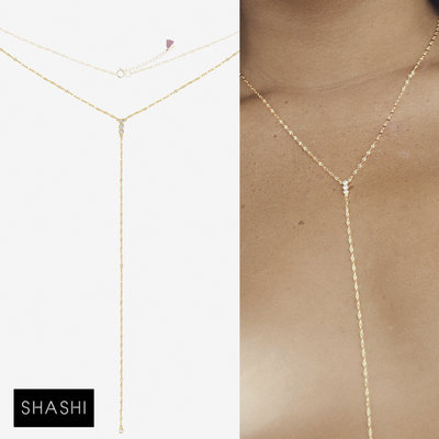 SHASHI 紐約品牌 Solitaire Diamond 金色Y字鍊 簡約鑲鑽項鍊