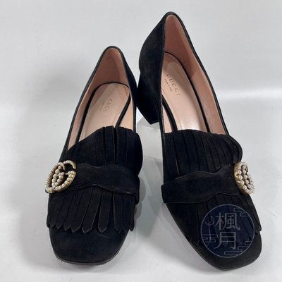 BRAND楓月 GUCCI 古馳 454297 黑麂皮 珍珠LOGO MARMONT 跟鞋 #39