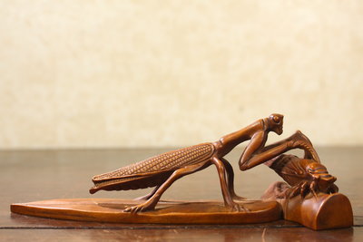 悅年堂 --- 清 老 黃楊木 雕 螳螂捕蟬 擺件