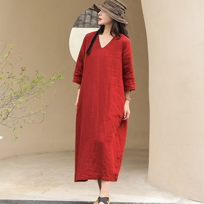 亞麻 連身裙 中袖洋裝-V領紅色寬鬆長款女裙子74ba27[獨家進口][米蘭精品]