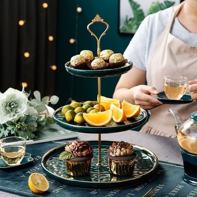 下殺 (null)歐式水果盤客廳家用奢華陶瓷金邊雙層蛋糕盤三層下午茶餐具甜品臺