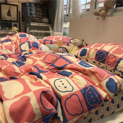 床單ins紅色小格子熊熊床上四件套全棉純棉被套簡約北歐卡通1.5m1.8米星港百貨