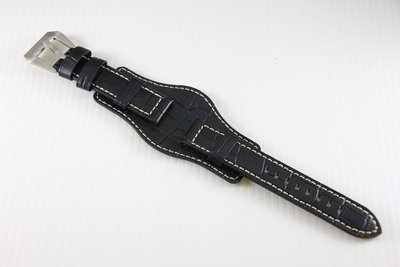 20mm皮底皮面rolex的新衣 bund watch strap飛行軍錶風格錶帶,黑色皮＋白線