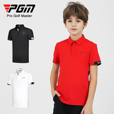高爾夫服裝 PGM兒童高爾夫服裝男童2023夏季運動短袖T恤純色百搭透氣運動短T