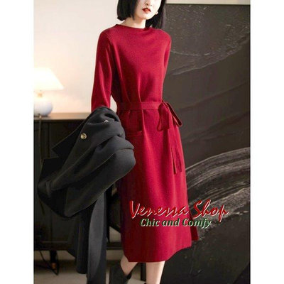 VENESSA~ 歐單 BSK 新款 高端氣質 綁帶中長版圓領羊毛針織裙 連身洋裝 (W1086)