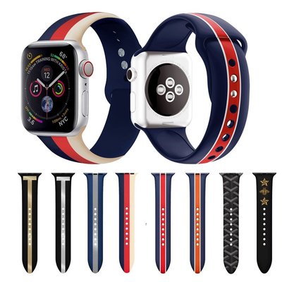 適用於Apple watch 5 4 3 2 1矽膠錶帶彩印 iwatch 40 44mm新款印花矽膠腕帶條紋錶帶