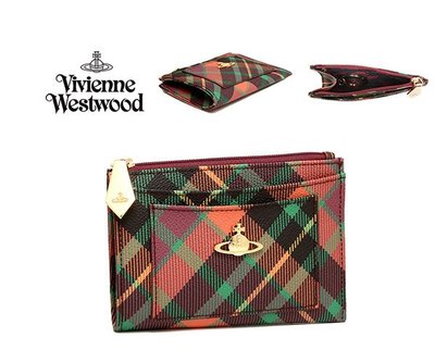 Vivienne Westwood (綠色調×粉橘色調×紫色調) 彩色格紋 防刮真皮零錢包｜100%全新正品｜特價