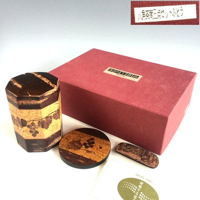 【松果坊】日本傳統工藝 天然山櫻花樹皮製 八角形茶筒三件一組 櫻皮茶入 櫻皮茶葉罐 櫻皮茶倉 櫻皮細工 原箱付s362b