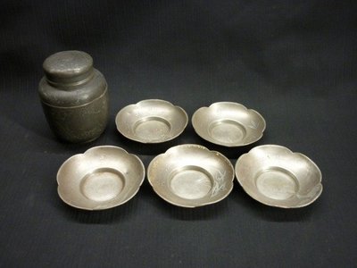 【日本古漾】91405 日本老件古錫製 乾茂號造 錫製茶罐+錫製茶托 5客  品相如照片
