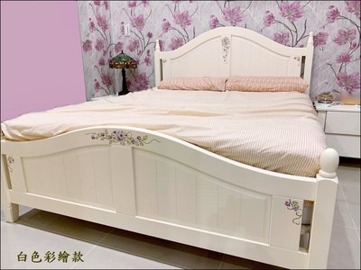 鄉村風 白色實木彩繪雙人床架C款 原木5*6.2標準床架兩人床架實木床架古典床架白色床架 台灣生產【歐舍傢居】