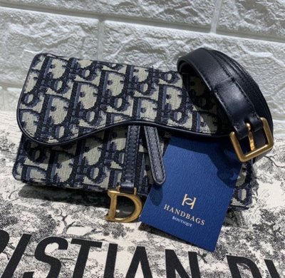 【翰貝格名牌館】二手真品 Dior Oblique 海軍藍 復古 緹花 logo 帆布 馬鞍 腰包 胸口包