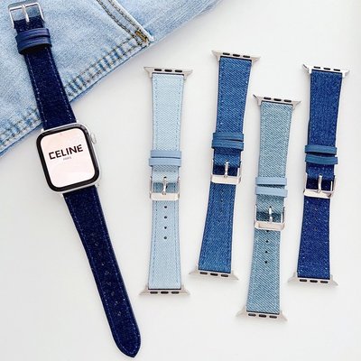 夏季牛仔帆布皮革錶帶 適用於 Apple Watch S8/Ultra/7/6/se2/4 蘋果智能手錶配件 女生 男生