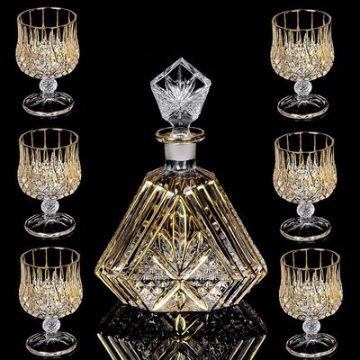 現貨熱銷-酒杯波西米亞風格描金線水晶玻璃威士忌杯酒具套裝洋酒杯酒樽七件套裝