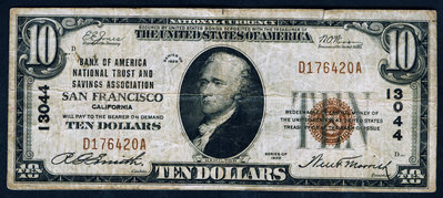 1929年版10美國民銀行券(舊金山全美國民銀行信托儲蓄協會)7品 紙幣 紀念鈔 紙鈔【悠然居】1263