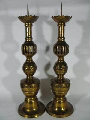 [銀九藝] 早期銅器銅雕 特大蠟燭台 一對