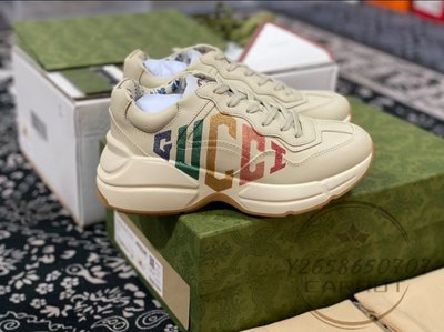 二手精品 Gucci 古馳 Rhyton系列 印花雙G字母 女款 老爹鞋 白色 524990