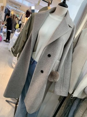 正韓 單排釦挺版翻領100%羊毛長版大衣外套，附超級可愛小毛球，版型超挺又保暖。原價＄4980，連線價＄1980。