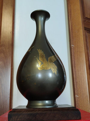 銅花瓶 日本回流銅器 玉堂春，金銀飛鶴，名家作品，峰云底款，